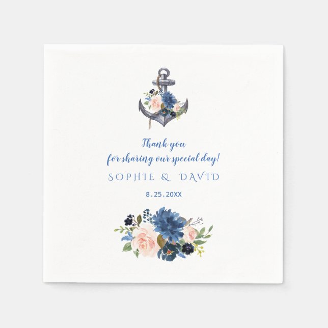 Nautical Pink Blush Blue Floral Anchor Wedding Napkin (Front)