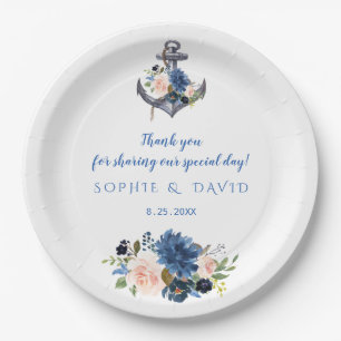 Nautical Pink Blush Blue Floral Anchor Wedding Paper Plate