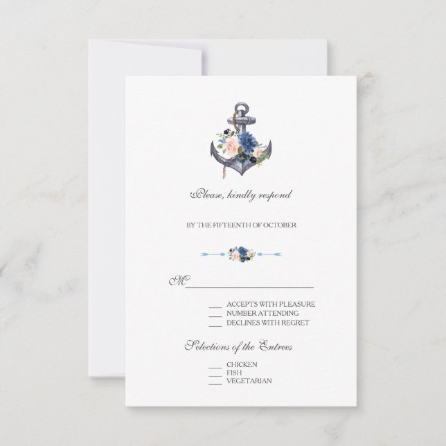 Nautical Pink Blush Blue Floral Anchor Wedding RSVP Card (Front)