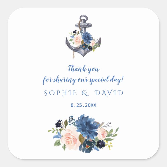 Nautical Pink Blush Blue Floral Anchor Wedding Square Sticker (Front)