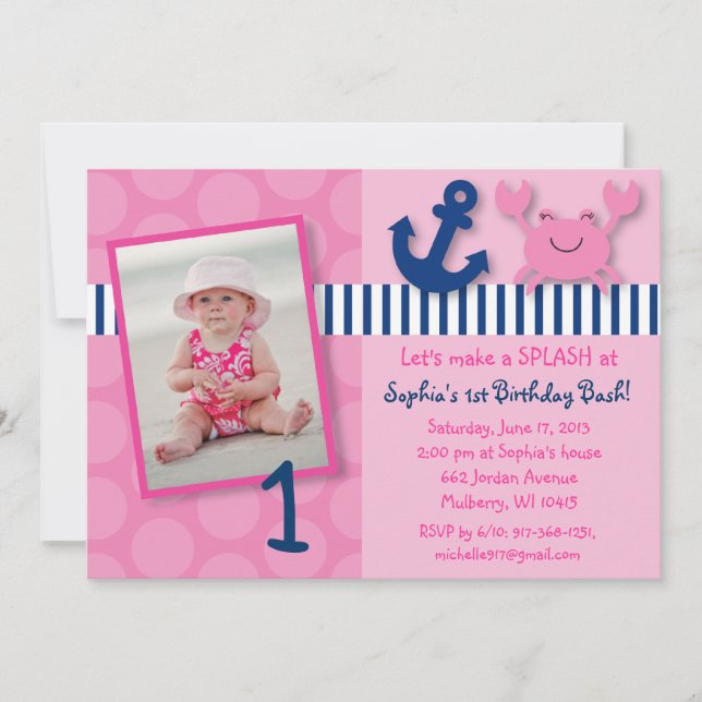 Nautical Pink Crab Birthday Invitations (Front)