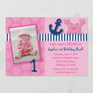 Nautical Pink Crab Birthday Invitations