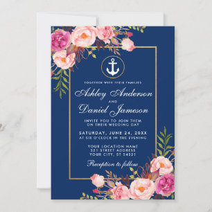 Nautical Pink Floral Blue Gold Wedding Invitation