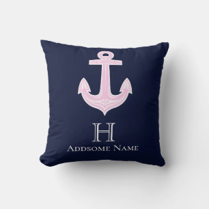Nautical Pink Grey Anchor Coastal Monogrammed Cushion
