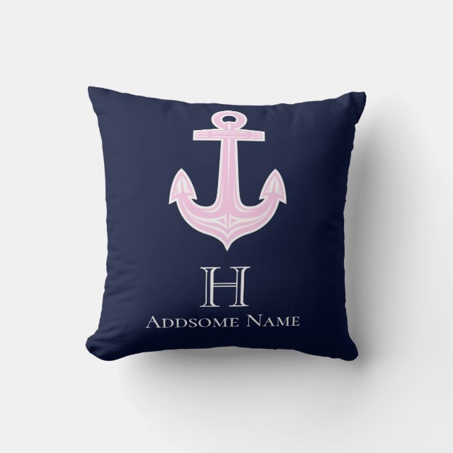 Nautical Pink Grey Anchor Coastal Monogrammed Cushion (Front)
