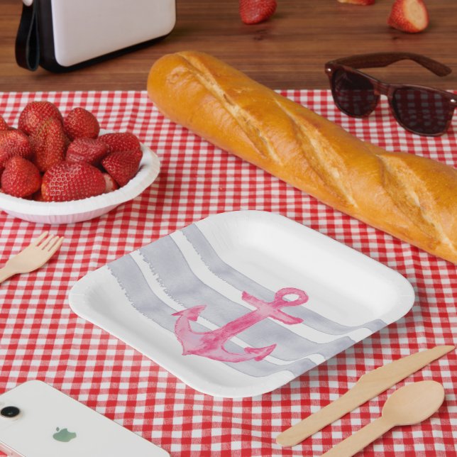 Nautical pink grey watercolor anchor stripes paper plate (Picnic)