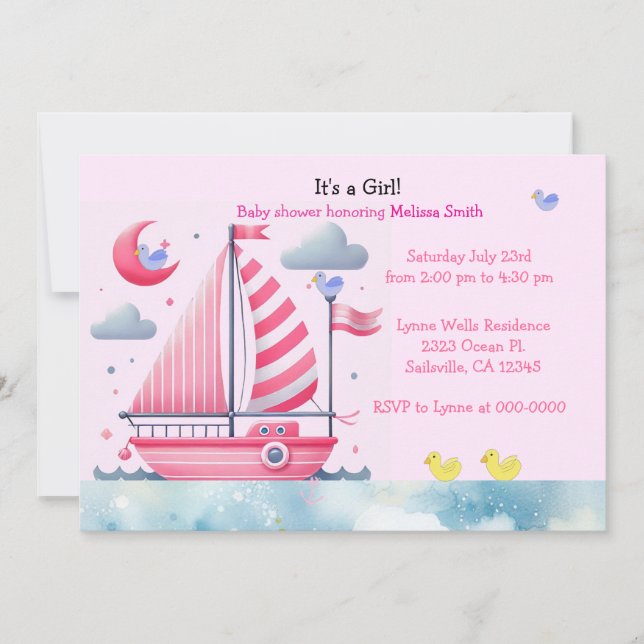 Nautical Pink Sailboat Baby Girl Shower Invitation (Front)