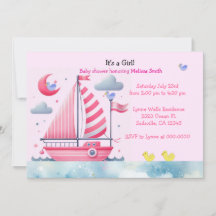 Nautical Pink Sailboat Baby Girl Shower Invitation