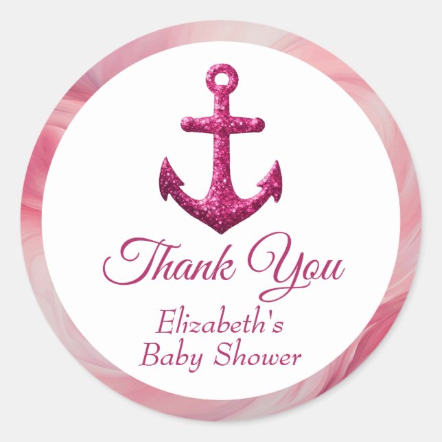 Nautical Pink Sparkle Anchor Baby Shower Classic Round Sticker (Front)