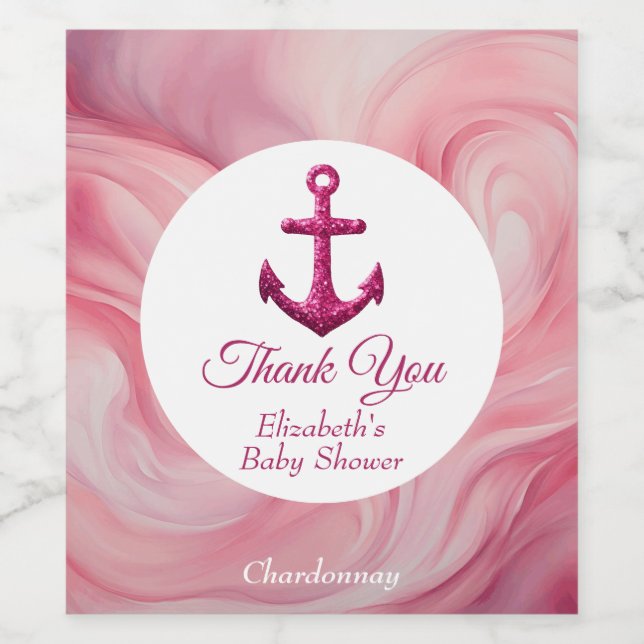 Nautical Pink Sparkle Anchor Baby Shower Wine Label (Single Label)