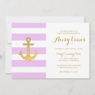 Nautical Pink Stripe Baby Shower with Gold Anchor Invitation