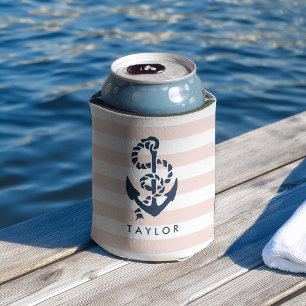 Nautical Pink Stripe & Navy Anchor Personalised Can Cooler