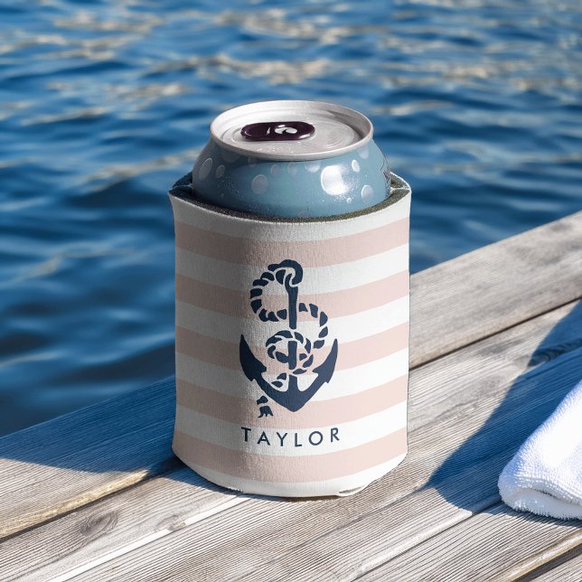 Nautical Pink Stripe & Navy Anchor Personalised Can Cooler (Creator Uploaded)