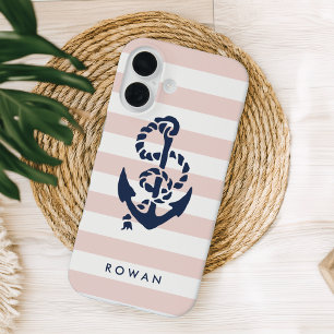 Nautical Pink Stripe & Navy Anchor Personalised iPhone 16 Case