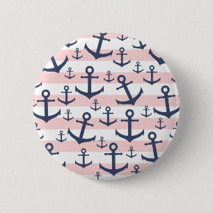 Nautical pink stripe navy blue anchor pattern 6 cm round badge