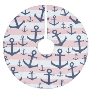 Nautical pink stripe navy blue anchor pattern brushed polyester tree skirt