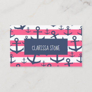 Nautical pink stripe navy blue anchor pattern business card