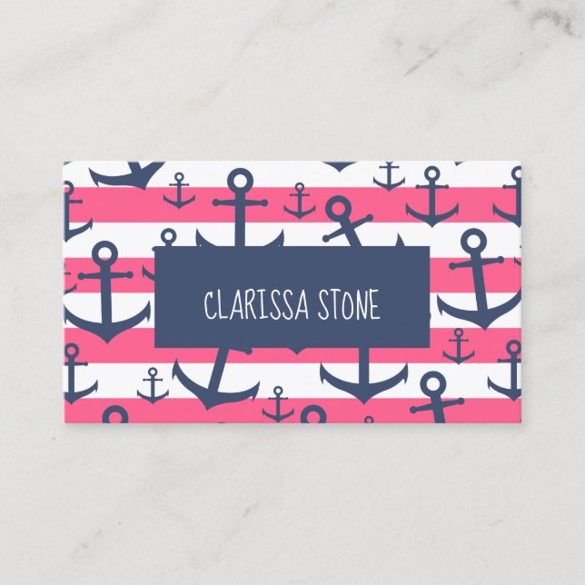 Nautical pink stripe navy blue anchor pattern  business card (Front)