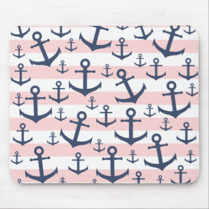 Nautical pink stripe navy blue anchor pattern mouse mat