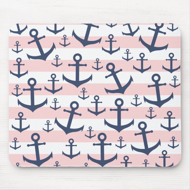 Nautical pink stripe navy blue anchor pattern mouse mat (Front)