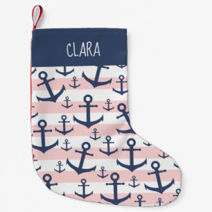Nautical pink stripe navy blue anchor pattern small christmas stocking