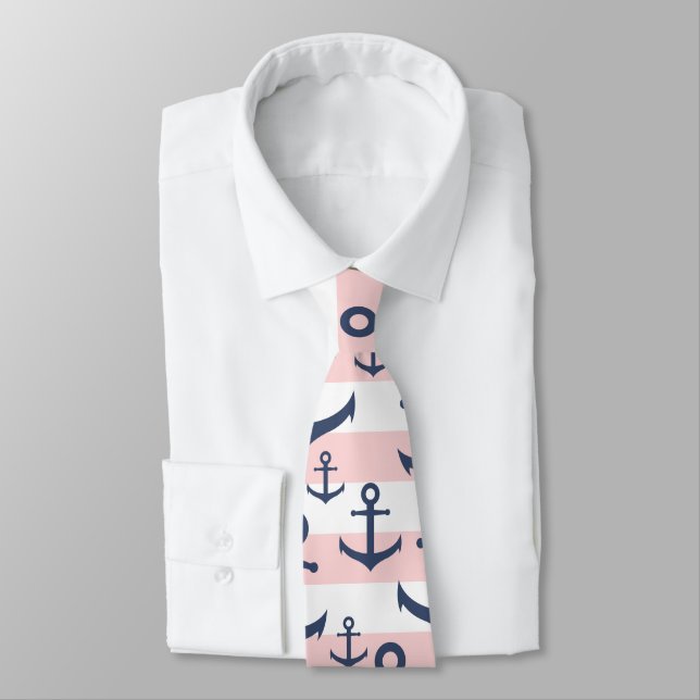 Nautical pink stripe navy blue anchor pattern tie (Tied)