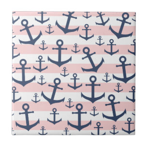Nautical pink stripe navy blue anchor pattern tile