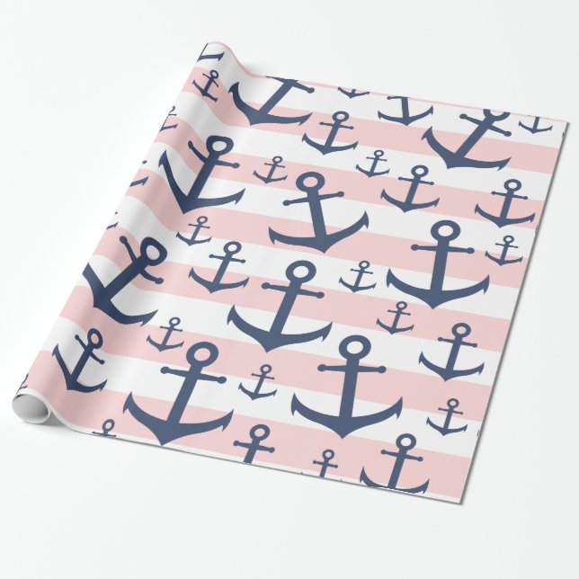 Nautical pink stripe navy blue anchor pattern wrapping paper (Unrolled)