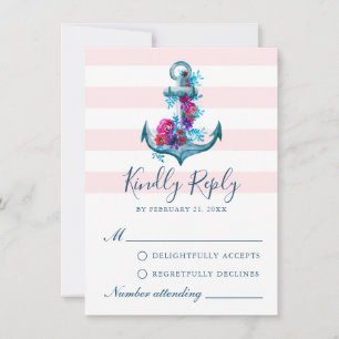 Nautical Pink Stripes Watercolor Anchor RSVP Card