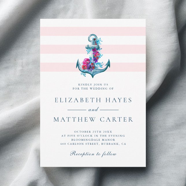 Nautical Pink Stripes Watercolor Anchor Wedding Invitation (Creator Uploaded)