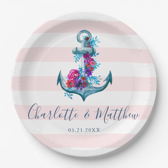 Nautical Pink Stripes Watercolor Anchor Wedding Paper Plate (Front)