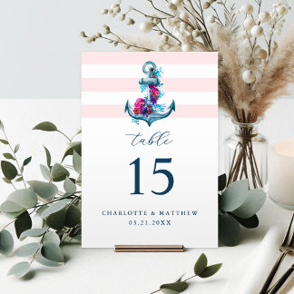 Nautical Pink Stripes Watercolor Anchor Wedding Table Number