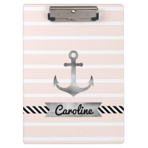 Nautical Pink Stripes Watercolored Anchor Clipboard
