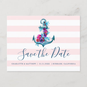 Nautical Pink Watercolor Anchor Save The Date Announcement Postcard