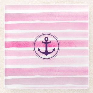 Nautical Pink Watercolor Stripes Trendy Anchor Glass Coaster