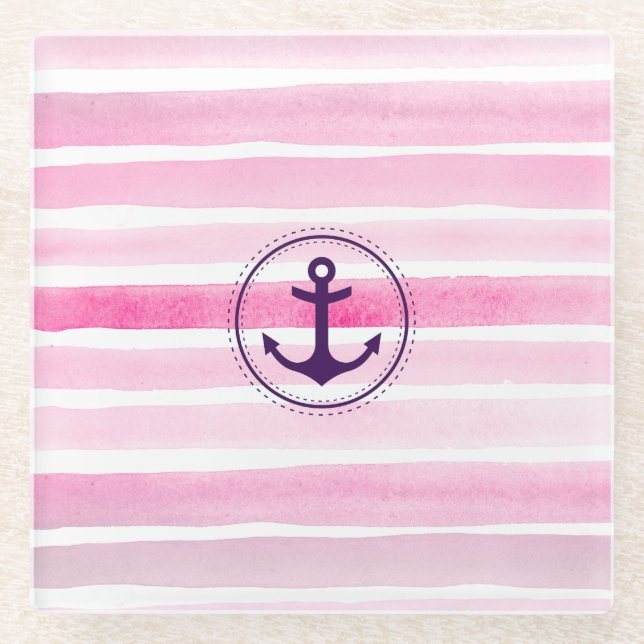 Nautical Pink Watercolor Stripes Trendy Anchor Glass Coaster (Front)