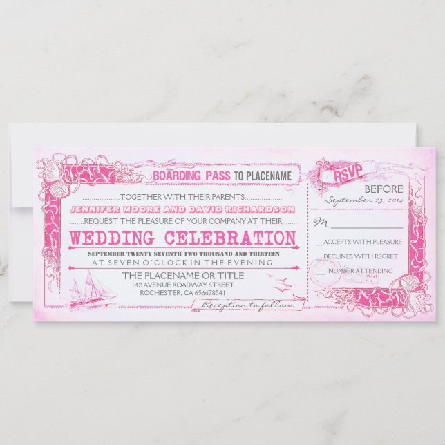 Nautical Pink Wedding Invitation Boarding Pass (Front)