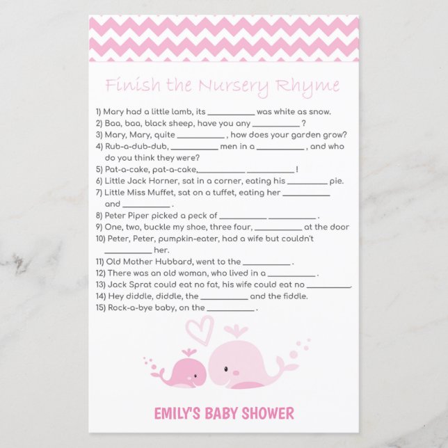 Nautical Pink Whale Baby Shower Game PRINTED (Front)