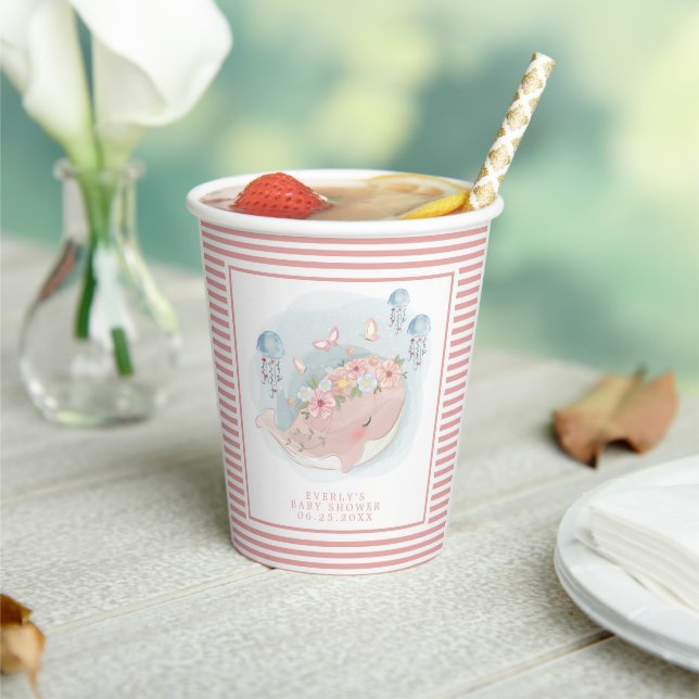Nautical Pink Whale Jellyfish Girl Baby Shower Paper Cups (Insitu)