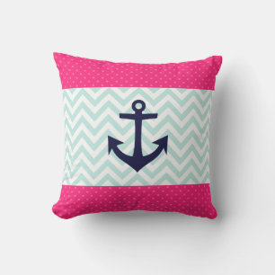 Nautical Pink White Mint Chevron Anchor Pattern Cushion