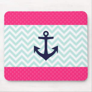 Nautical Pink White Mint Chevron Anchor Pattern Mouse Mat