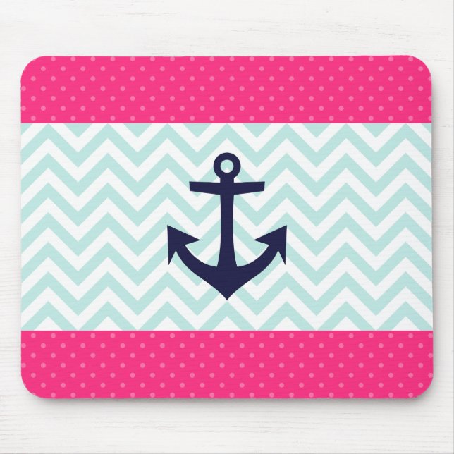 Nautical Pink White Mint Chevron Anchor Pattern Mouse Mat (Front)