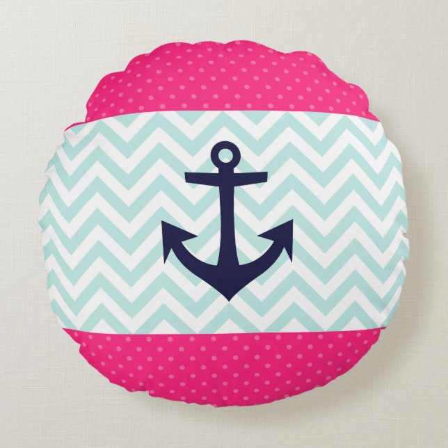 Nautical Pink White Mint Chevron Anchor Pattern Round Cushion (Front)