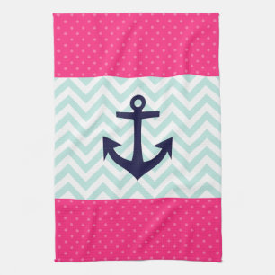 Nautical Pink White Mint Chevron Anchor Pattern Tea Towel