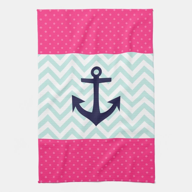 Nautical Pink White Mint Chevron Anchor Pattern Tea Towel (Vertical)