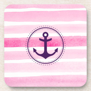 Nautical Pink White Watercolors Pattern and Anchor Coaster