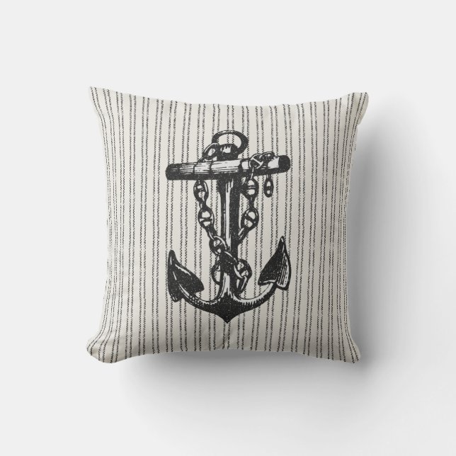 Nautical Pinstriped Anchor Black Outdoor Pillow (Front)