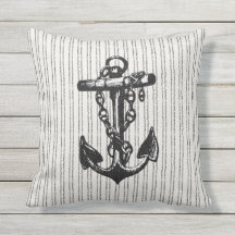 Nautical Pinstriped Anchor Black Outdoor Pillow