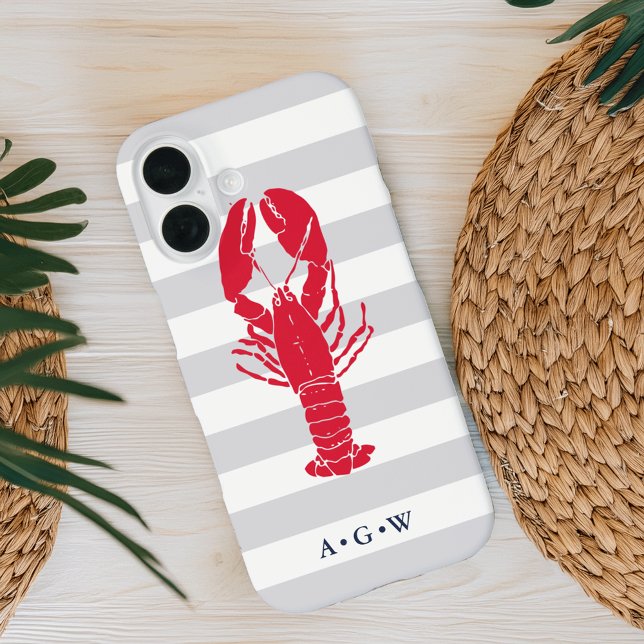 Nautical Preppy Grey Stripe & Lobster | Monogram Case-Mate iPhone Case (Creator Uploaded)