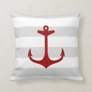 Nautical Red Anchor Gray White Stripes Cushion